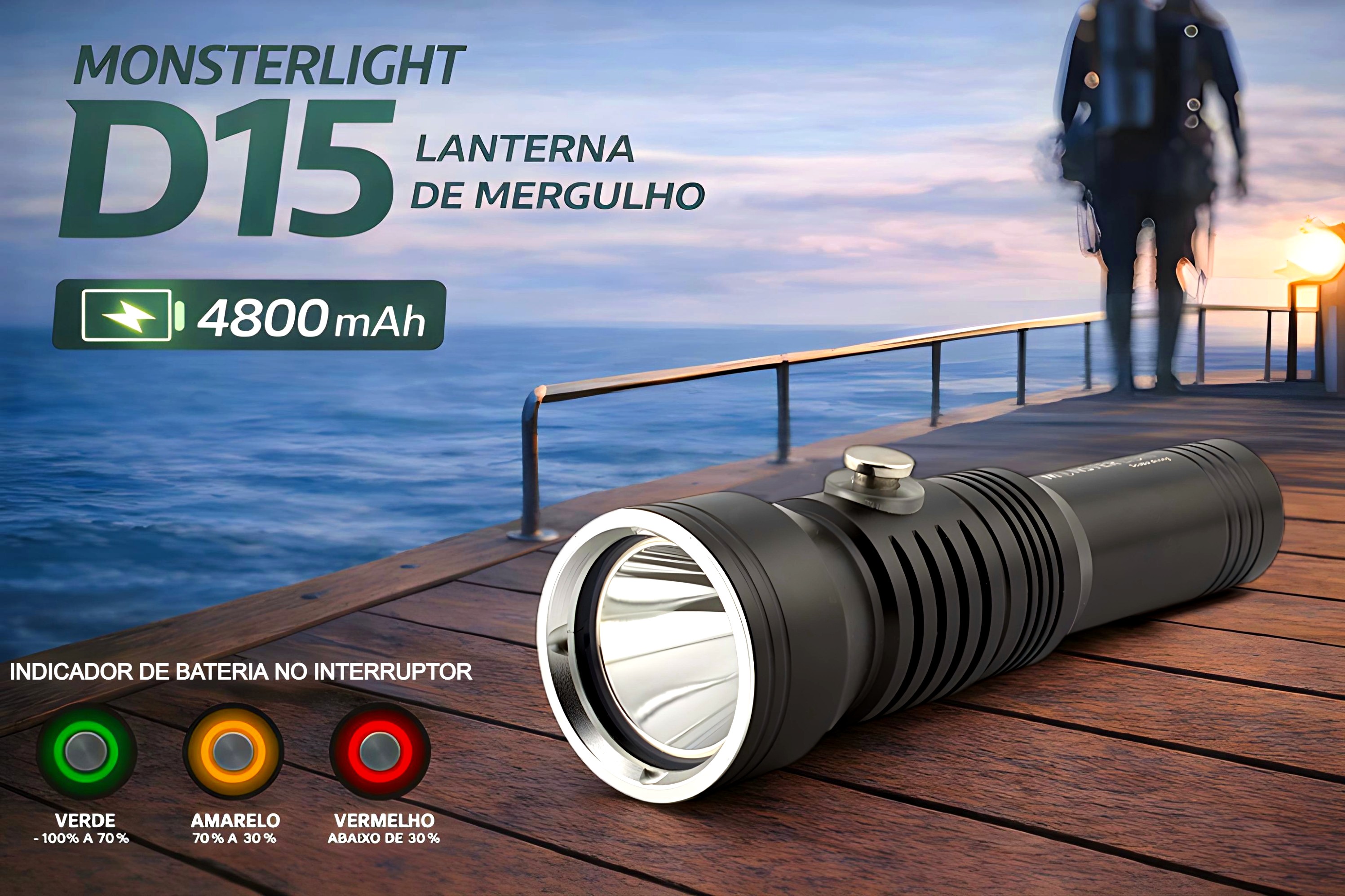 Lanterna de Mergulho D15 com bateria recarregável 