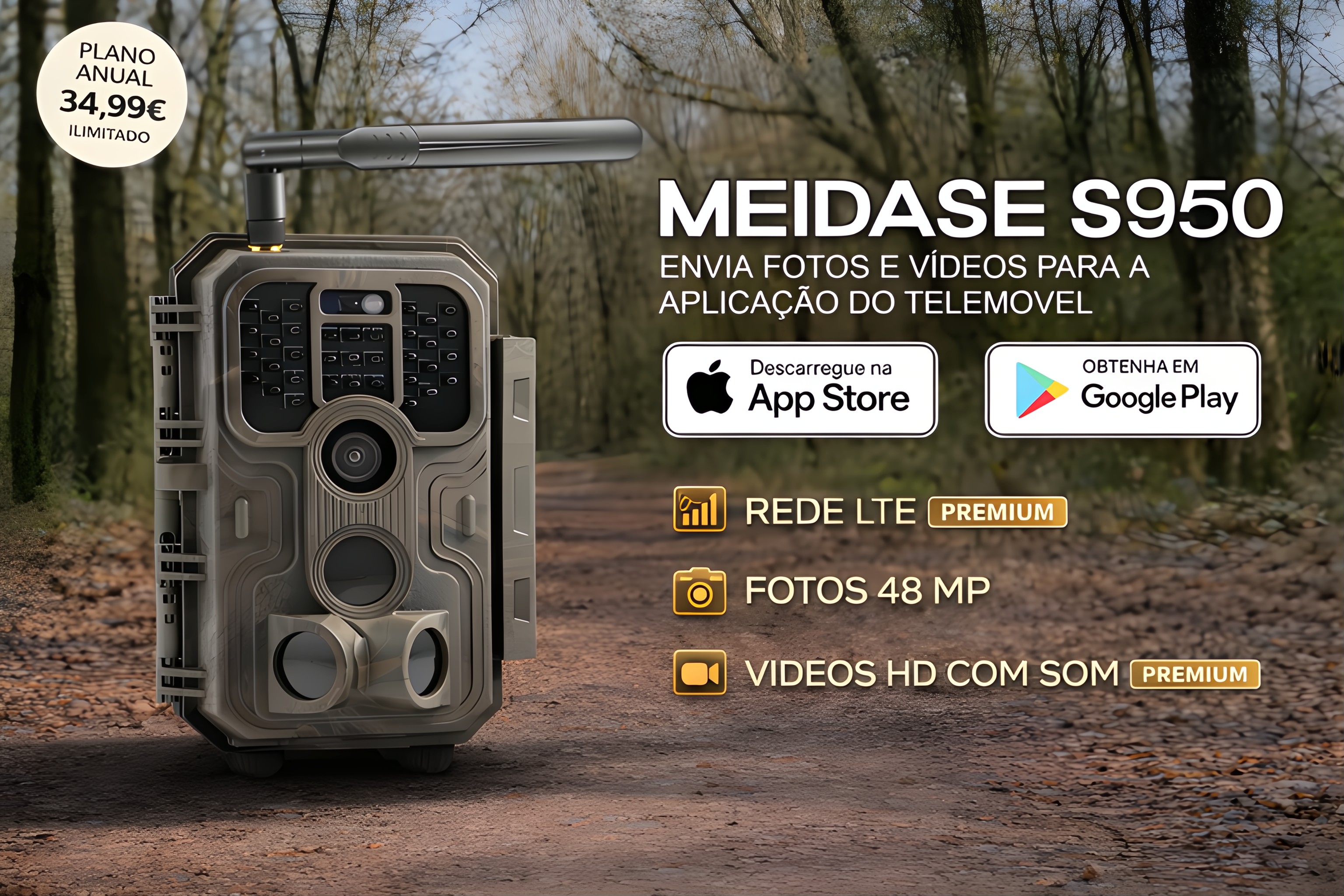 Câmera Meidase S950 LTE com aplicação e envio de fotos e vídeos para o seu telemóvel