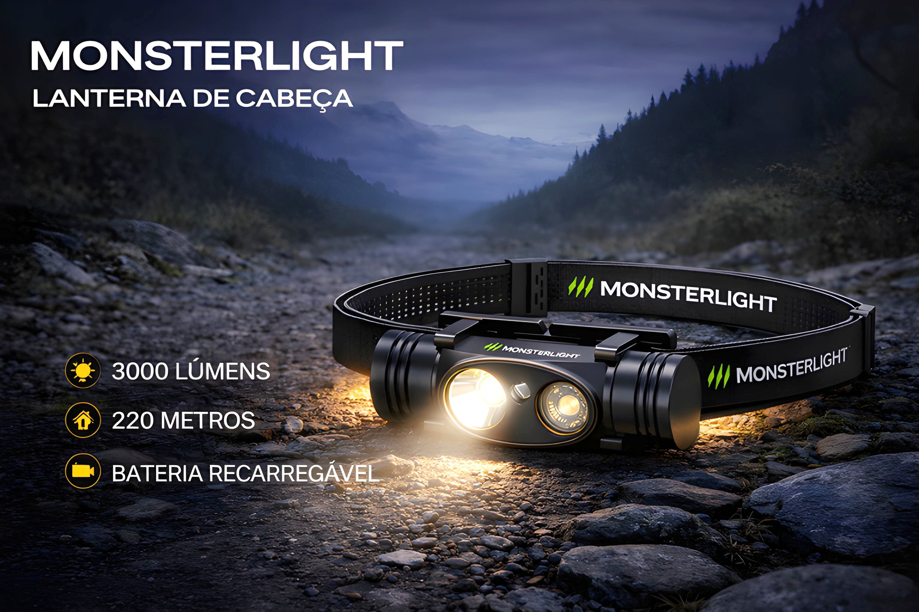 Lanterna de Cabeça Monsterlight com Bateria Recarregável