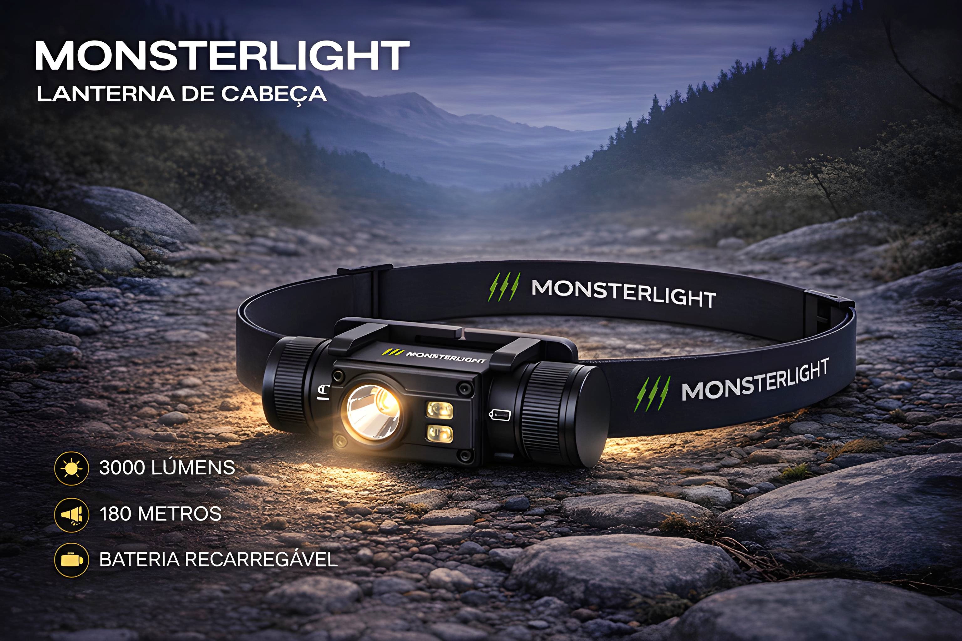 Lanterna de Cabeça Monsterlight com Bateria Recarregável