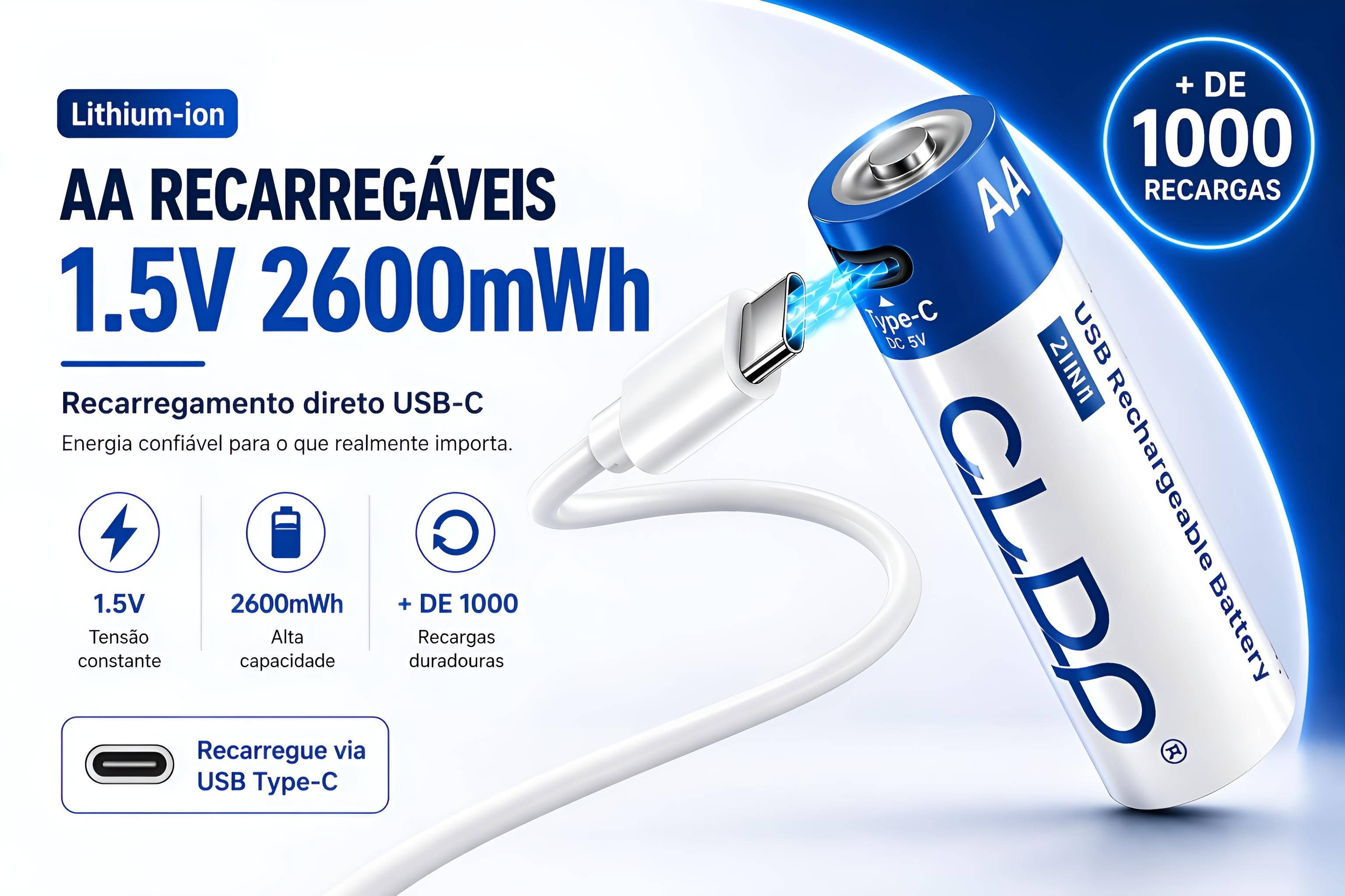 Conjunto de 4 Baterias AA recarregáveis via USB-C