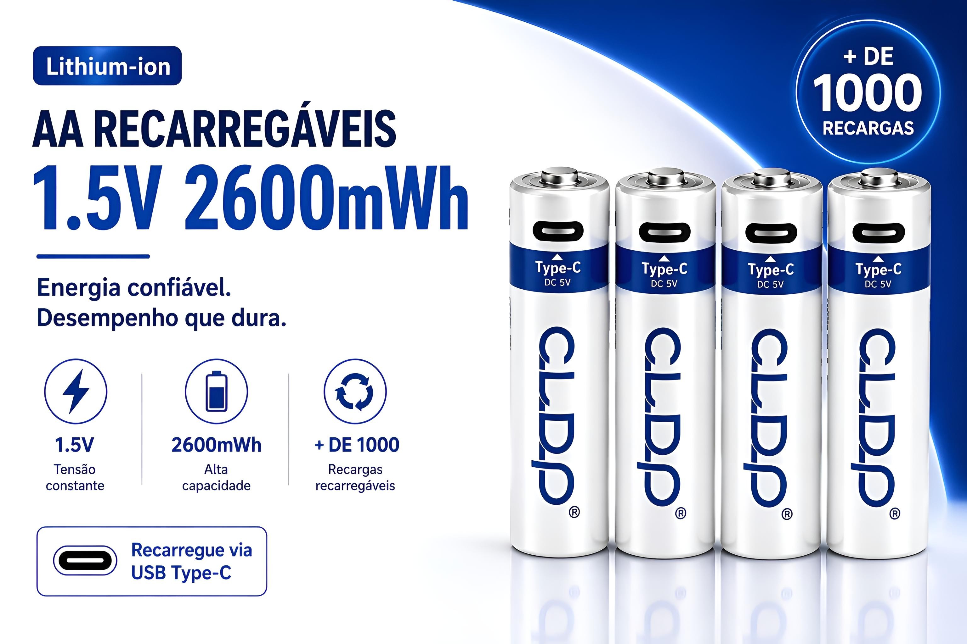 Conjunto de 4 Baterias AA recarregáveis via USB-C