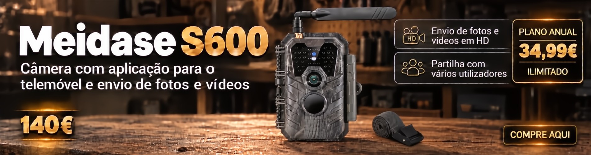 Câmera Meidase S600 LTE com aplicação para o telemóvel e envio de fotos e vídeos