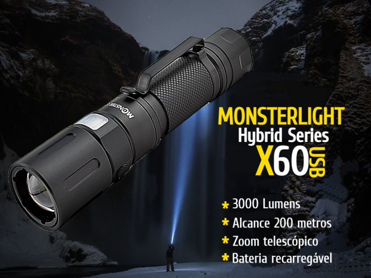 Kit lanterna tática MonsterLight X60 bateria recarregável