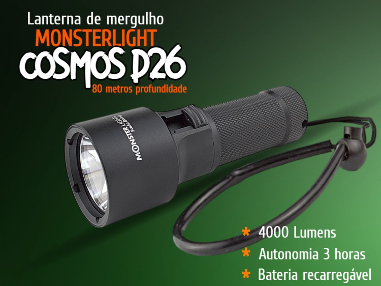 Kit lanterna mergulho MonsterLight Cosmos D26 com bateria recarregável