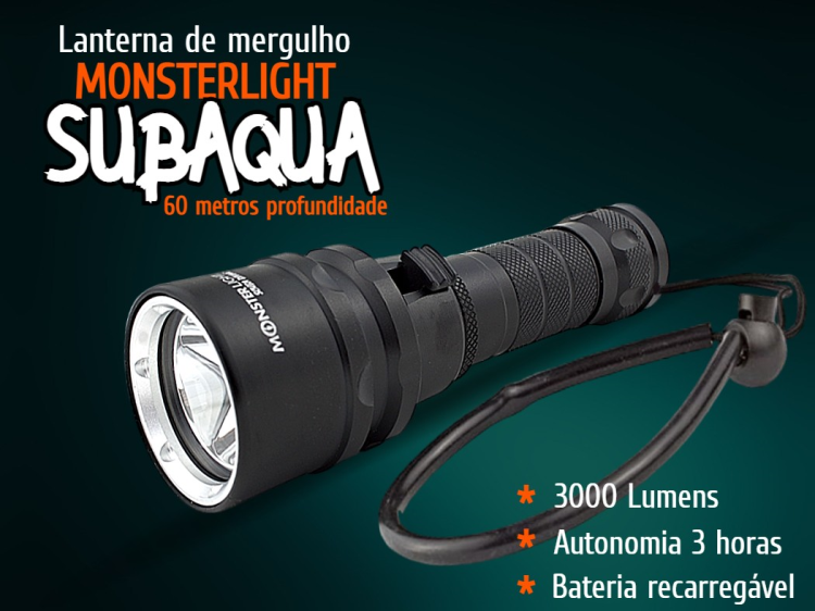 Kit lanterna mergulho MonsterLight Subaqua com bateria recarregável Samsung