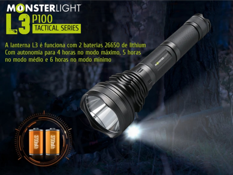 kIt lanterna Monsterlight L3 P100 com baterias recarregáveis