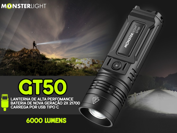 Lanterna Monsterlight GT50 com baterias recarregáveis