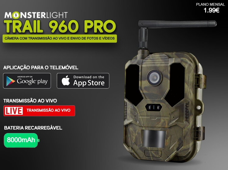 Câmera Trail 960 Pro LTE com bateria e aplicação para o telemóvel e envio de fotos e vídeos
